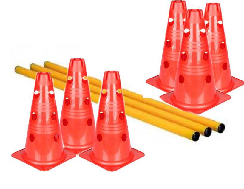 Kavalety - 6 červených kuželů 30 cm se 3 patry otvorů, 3 tyčky 80 cm