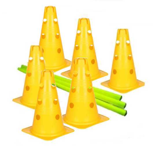 Kavalety - 6 žlutých kuželů 38 cm se 3 patry otvorů, 3 neonově žluté tyčky 80 cm