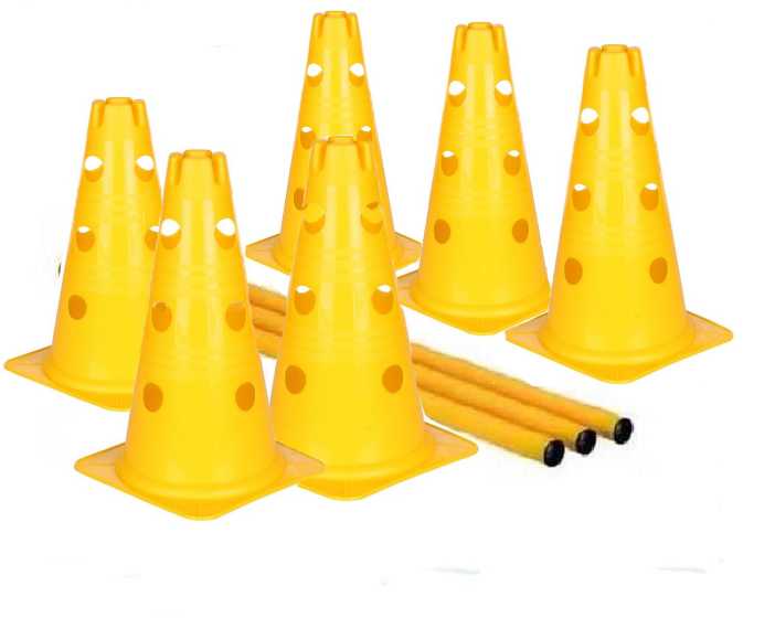 Kavalety - 6 žlutých kuželů 38 cm se 3 patry otvorů, 3 žluté tyčky 80 cm