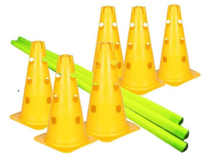 Kavalety - 6 kuželů v barvě žluté 30 cm se 3 patry otvorů, 3 tyčky 80 cm neonově žluté