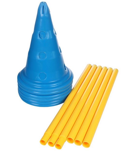 Kavalety - 6 kuželů v barvě modré 30 cm se 3 patry otvorů, 3 tyčky 80 cm žluté