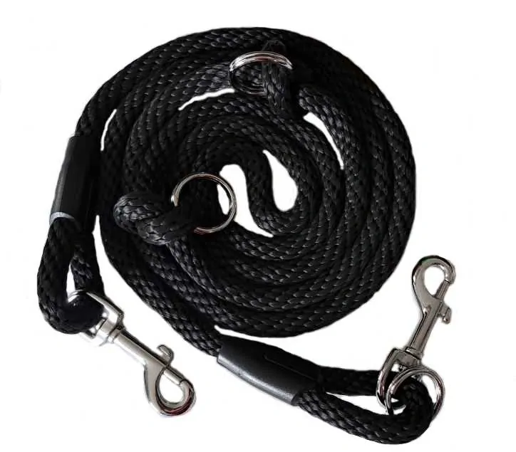 Vodítko přepínací 12 mm lano, černé/ chrom. karabiny 8 cm, kalený kroužek