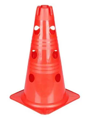 Kavalety - 6 červených kuželů 38 cm se 3 patry otvorů, 3 tyčky 80 cm neonově žluté