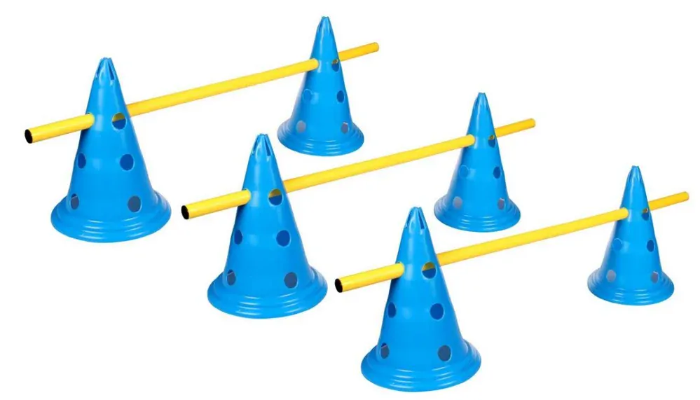 Kavalety - 6 kuželů v barvě modré 30 cm se 3 patry otvorů, 3 tyčky 80 cm žluté