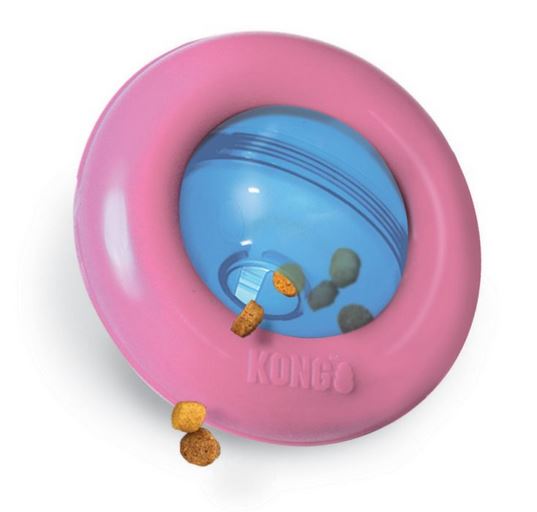 KONG Roll and Flip PUPPY - interaktivní hračka - Small, růžový kroužek, modrý střed