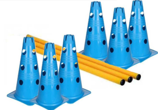 Kavalety - 6 modrých kuželů 30 cm se 3 patry otvorů, 3 tyčky 80 cm