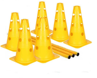 Kavalety - 6 žlutých kuželů 38 cm se 3 patry otvorů, 3 žluté tyčky 80 cm