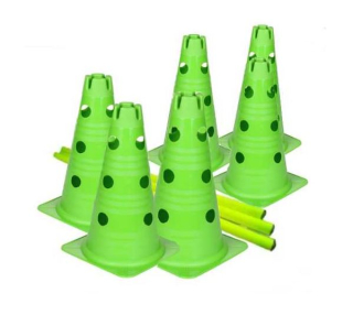 Kavalety - 6 kuželů v barvě zeleného jablka 38 cm se 3 patry otvorů, 3 tyčky neonově žluté 80 cm