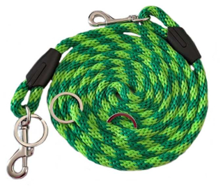 Vodítko přepínací 12 mm lano, dvě zelené/ chrom. karabiny 8cm, plochý kroužek