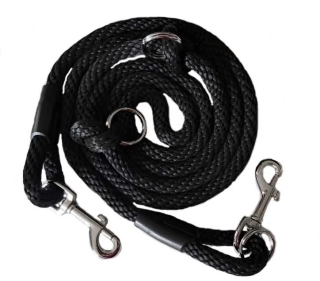 Vodítko přepínací 12 mm lano, černé/ chrom. karabiny 8 cm, kalený kroužek